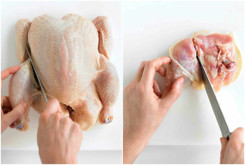 Pemotongan ayam terdekat menghasilkan potongan daging ayam yang elastis